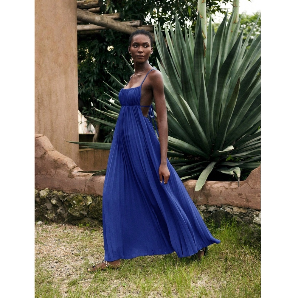Blue Pleated Maxi Babydoll Dress Open Back Flowy Skirt Tie Straps Lined - Picture 2 of 11